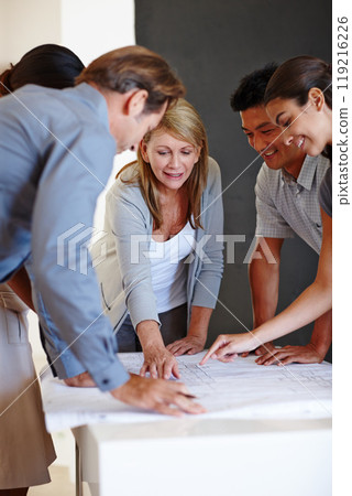 Coworkers, documents and planning for office, brainstorming and collaboration for business. Employees, diversity and group ideas with conversation, happiness and corporate designer meeting at work 119216226