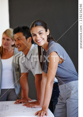 Woman, diversity and portrait with blueprint, meeting and collaboration for business and communication. Architects, paperwork and brainstorming or discussion together with workspace, support and deal 119216246
