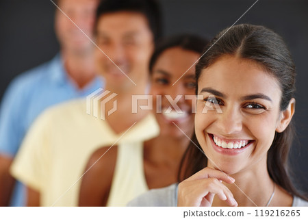 Diversity, woman and row with smile as intern with pride in career, new job and position in startup company. Portrait female person and happy with people in confidence or satisfied with for training 119216265