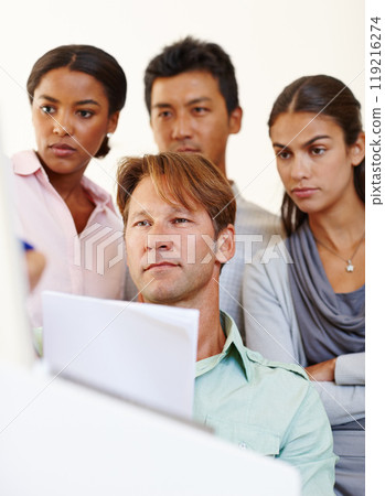 Documents, planning or group of business people with teamwork, solution or diversity in project. Meeting, brainstorming or workers in startup office talking, conversation or speaking of paperwork 119216274