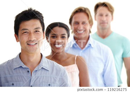 Professional, people or portrait of team with smile for community, diversity or population on white background. Collaboration, happy or partnership in creative career with staff, employees or workers 119216275