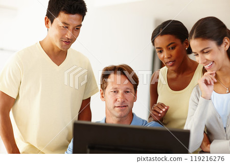 Diversity, coworker and smile at office with computer for teamwork, collaboration and coworking. Colleagues, people and happy on pc for startup company or business with research, online and internet 119216276