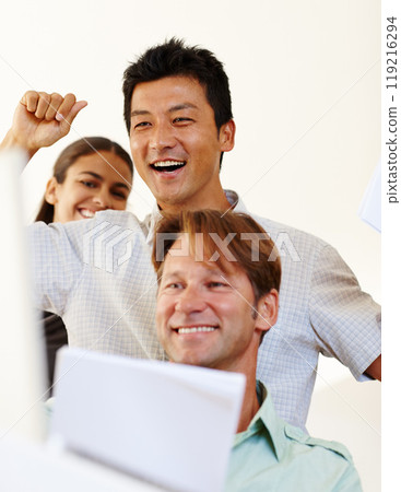 Business people, sucess and deal in office, happy or cheering for corporate negotiation or policy change. Legal team, paperwork and congratulations for company teamwork and diversity for partnership Business people, sucess and deal in office, happy or cheering for corporate negotiation or policy change. Legal team, paperwork and congratulations for company teamwork and diversity for partnership 119216294