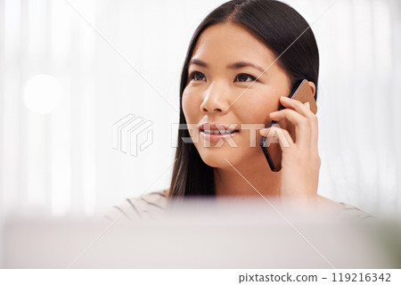 Thinking, woman and phone call for business in office with client discussion for b2b networking. Project, ideas and contact entrepreneur for conversation, communication and planning a development 119216342