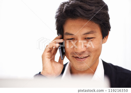 Japanese, business and man networking with phone call in office with discussion of b2b client. Project, update and contact entrepreneur for conversation, communication and planning a development 119216350