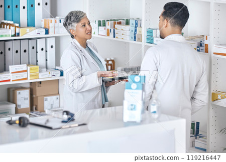 Pharmacy people, communication and team discussion on healthcare inspection, quality assurance or medical inventory. Service teamwork, consulting and pharmacist cooperation on hospital clinic storage 119216447