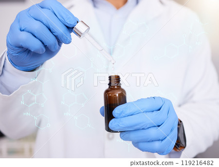 Essential oil, hands or scientist in lab overlay to research organic formula for science development. Serum closeup, medical study or chemical expert working on a skincare, future or beauty product 119216482