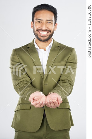 Hands, open and portrait of business man in studio for charity, begging for support and help. Happy, corporate and person with gesture for donation, financial aid and investment on white background 119216500