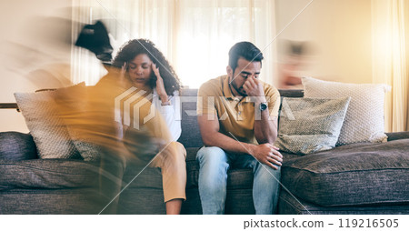 Tired parents, children and running on sofa in stress, headache or depression in chaos at home. Frustrated mother and father in burnout, anxiety or difficulty with ADHD kids in living room at house Tired parents, children and running on sofa in stress, headache or depression in chaos at home. Frustrated mother and father in burnout, anxiety or difficulty with ADHD kids in living room at house 119216505