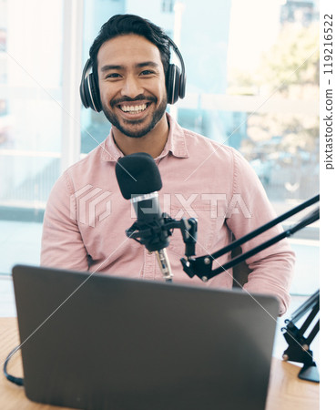 Happiness, portrait and podcast man, speaker or audio presenter pride in online social media talk show. Radio air, audio mic and influencer hosting, live streaming and broadcast news, advice or tips 119216522