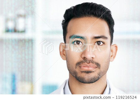 Face, eye and man with hologram, futuristic and network with technology, cyber security and facial scan. Portrait, person and employee with ai for retina, future and holographic with analytics or app Face, eye and man with hologram, futuristic and network with technology, cyber security and facial scan. Portrait, person and employee with ai for retina, future and holographic with analytics or app 119216524