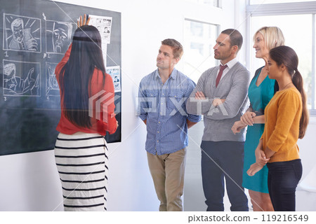 Creative woman, planning and team with chalkboard for storyboard, development or meeting at office. Female person or group of employees in discussion for project, production or startup at workplace 119216549