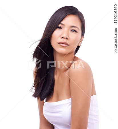 Woman, portrait and cosmetics for haircare in studio, beauty and pride for keratin treatment on mockup space. Asian female person, confidence and shampoo on white background, dermatology and care 119216550