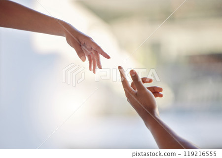Helping hand, giving or support and hope or bokeh for charity, humanity or empathy for mental health. People, hands or kindness and compassion, solidarity or care for healing, gratitude or assistance 119216555