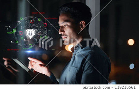 Cyber security, hacker man and tablet with hologram and safety lock icon for network, information or data. Person with technology for privacy, antivirus or hacking and access control shield at night 119216561