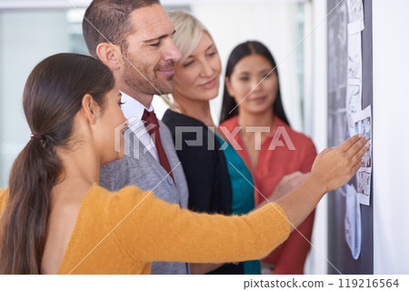 Creative people, chalkboard and storyboard with team for planning, development or meeting at office. Group of employees in brainstorming or discussion for project, production or startup at workplace 119216564
