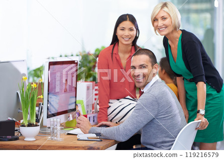 Business people, computer and portrait for collaboration on project, office and teamwork. Colleagues, happy and reading information on website, together and support for proposal in creative agency 119216579