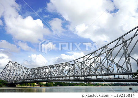 Wide angle view of Howrah Bridge in Sunny Weather Wide angle view of Howrah Bridge in Sunny Weather 119216814