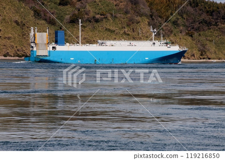 Car carrier passing through Kurushima Kaikyo Bridge Car carrier passing through Kurushima Kaikyo Bridge 119216850