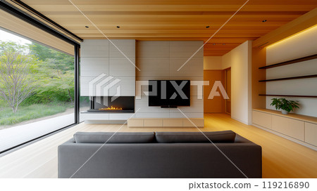 Modern living room interior with warm wood tones and a fireplace 119216890