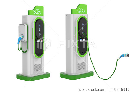 Group of ev charging stations or electric vehicle recharging stations Group of ev charging stations or electric vehicle recharging stations 119216912