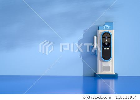 Ev charging station or electric vehicle recharging station on blue backdrop 119216914