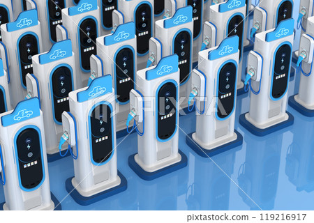 Group of ev charging stations or electric vehicle recharging stations 119216917