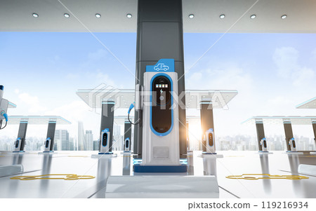 Group of ev charging stations or electric vehicle recharging stations Group of ev charging stations or electric vehicle recharging stations 119216934
