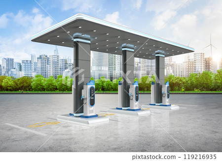 Group of ev charging stations or electric vehicle recharging stations Group of ev charging stations or electric vehicle recharging stations 119216935