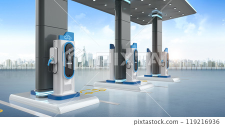 Group of ev charging stations or electric vehicle recharging stations 119216936