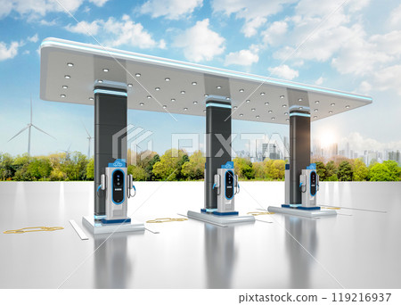 Group of ev charging stations or electric vehicle recharging stations 119216937