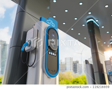 Group of ev charging stations or electric vehicle recharging stations 119216939
