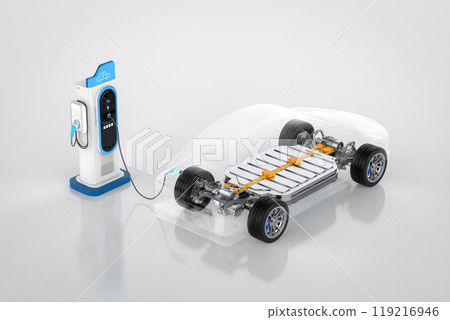 Ev car or electric vehicle plug in at recharging station 119216946