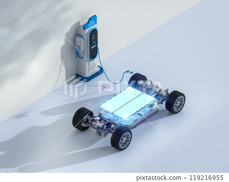 Ev car or electric vehicle plug in at recharging station 119216955