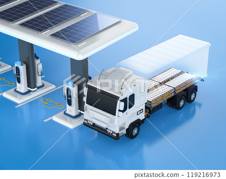 Ev logistic trailer truck or electric vehicle lorry at charging station Ev logistic trailer truck or electric vehicle lorry at charging station 119216973
