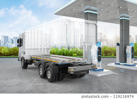 Ev logistic trailer truck or electric vehicle lorry at charging station 119216974