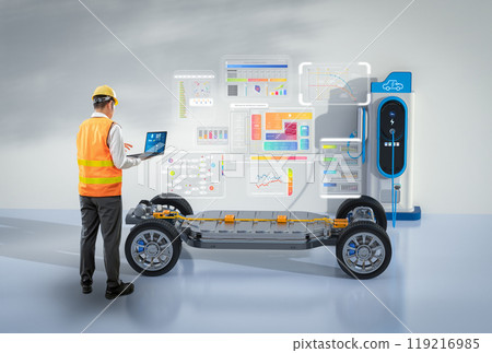 Asian engineer or technician with ev car at charging station Asian engineer or technician with ev car at charging station 119216985