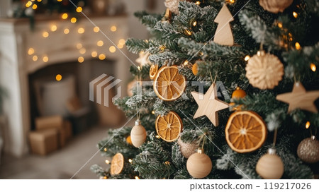 Christmas tree decorated with dried orange slices and wooden stars. Natural eco cozy decor, close up 119217026