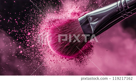 Pink powder spreading into the air from a makeup brush 119217162
