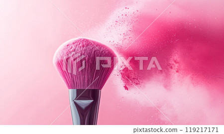 Pink powder spreading into the air from a makeup brush Pink powder spreading into the air from a makeup brush 119217171