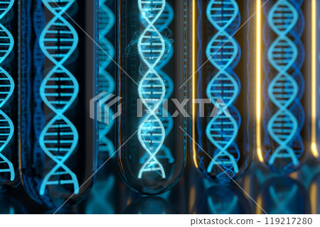 Test tube and chromosomes, DNA and genes,3d 119217280