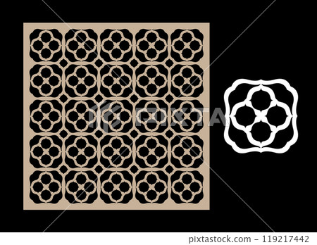 Laser cut pattern geometric design cross shape with circles, geometric Laser cut pattern geometric design cross shape with circles, geometric 119217442