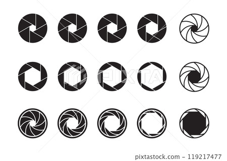 Camera shutter icons set. Camera lens diaphragm. Lens aperture, photo shutter, photo lens, shutter lens, camera shutter and camera lens icon collection. Vector illustration.icon design 119217477