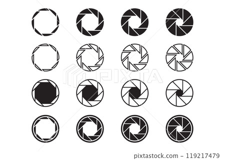 Camera shutter icons set. Camera lens diaphragm. Lens aperture, photo shutter, photo lens, shutter lens, camera shutter and camera lens icon collection. Vector illustration.icon design Camera shutter icons set. Camera lens diaphragm. Lens aperture, photo shutter, photo lens, shutter lens, camera shutter and camera lens icon collection. Vector illustration.icon design 119217479