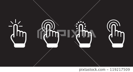 Click here icon set in line style. Hand click, Hand clicking, finger, Touch screen, pointer, cursor, gesture, mouse press push simple black style symbol sign for apps and website, vector illustration. Click here icon set in line style. Hand click, Hand clicking, finger, Touch screen, pointer, cursor, gesture, mouse press push simple black style symbol sign for apps and website, vector illustration. 119217509