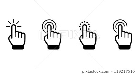 Click here icon set in line style. Hand click, Hand clicking, finger, Touch screen, pointer, cursor, gesture, mouse press push simple black style symbol sign for apps and website, vector illustration. Click here icon set in line style. Hand click, Hand clicking, finger, Touch screen, pointer, cursor, gesture, mouse press push simple black style symbol sign for apps and website, vector illustration. 119217510