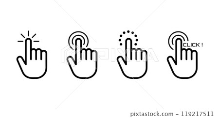 Click here icon set in line style. Hand click, Hand clicking, finger, Touch screen, pointer, cursor, gesture, mouse press push simple black style symbol sign for apps and website, vector illustration. Click here icon set in line style. Hand click, Hand clicking, finger, Touch screen, pointer, cursor, gesture, mouse press push simple black style symbol sign for apps and website, vector illustration. 119217511
