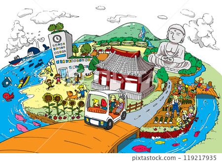 Illustration of a vibrant, green, and environmentally friendly town based on the SDGs and environmental conservation 119217935