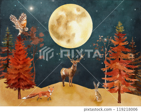 Full moon night and forest animals Full moon night and forest animals 119218006