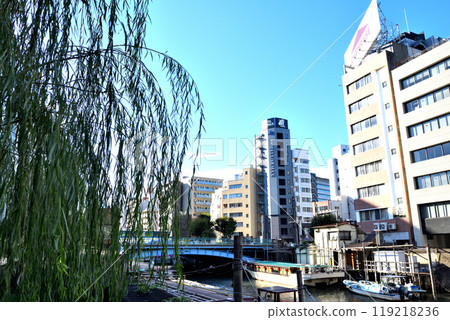 透過柳樹看到的淺草橋和停泊在神田川上的船屋 119218236